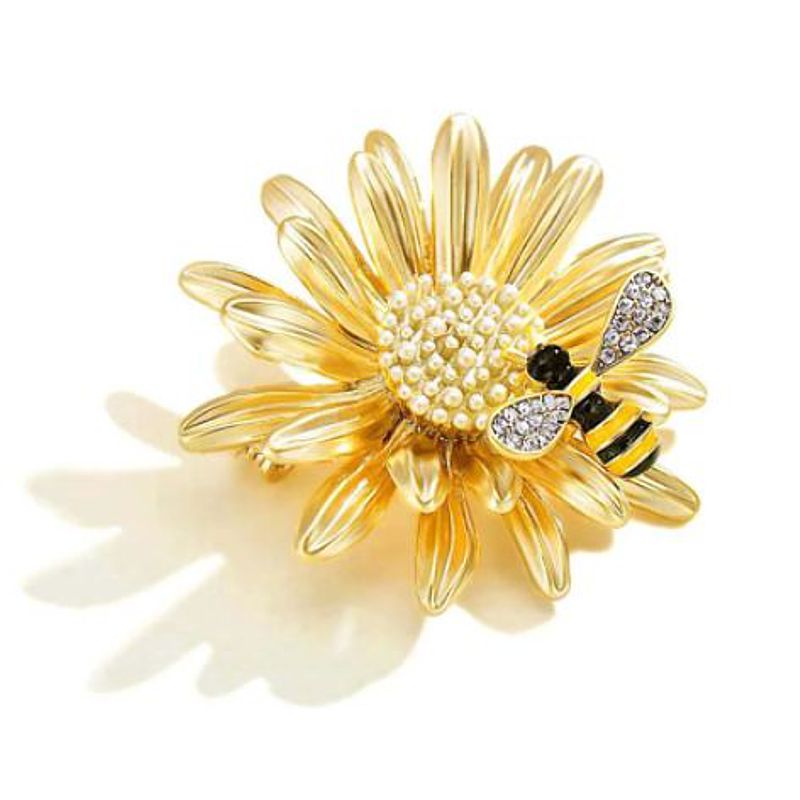 Soft Gold-tone Sunflower Pin with Bee - Click Image to Close